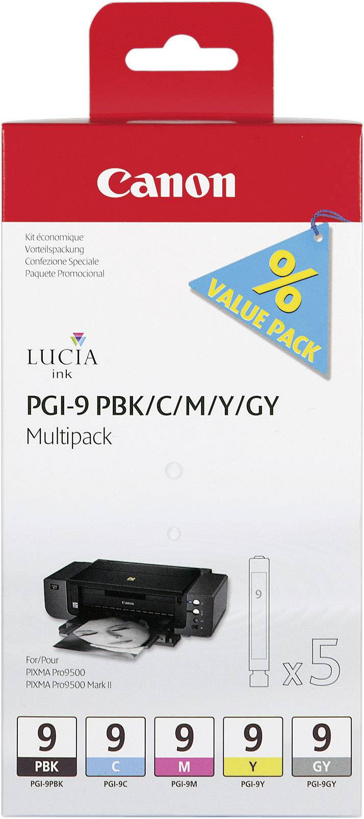 Canon Tinte Kombi-Pack PGI-9 Original Foto Schwarz, Cyan, Magenta, Gelb, Grau 1034B011