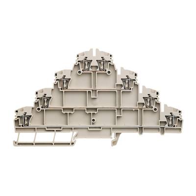 Abbildung eines grauen, dreieckigen Anschlussblocks für elektrische Verkabelung, mit mehreren Klemmstellen und Befestigungsstrukturen.