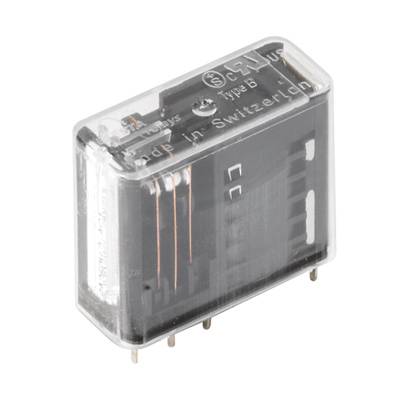 Elektromechanisches Relais mit transparentem Gehäuse, zeigt interne Komponenten. Hergestellt in der Schweiz, Typ B.