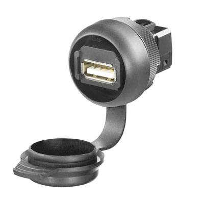 Runde USB-Buchse mit Schutzkappe in schwarzer Farbe, geeignet für den Einbau in Geräte zur Verbindung mit USB-Steckern.