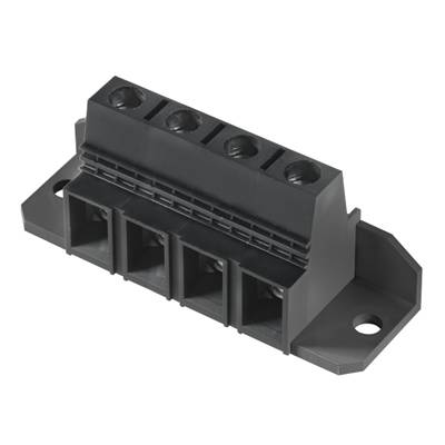 Schwarze elektrische Klemmenleiste mit vier Anschlusspunkten und Schrauben zur Befestigung.