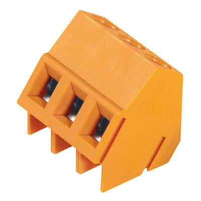 Eine orangefarbene Steckklemme mit vier Anschlüssen, geeignet für elektrische Verbindungen in der Gebäudeinstallationstechnik.