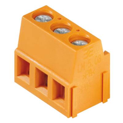 Orangefarbener elektrischer Leiteranschlussblock mit drei Anschlussöffnungen, verwendet zum Verbinden von Kabeln in elektrischen Schaltungen.
