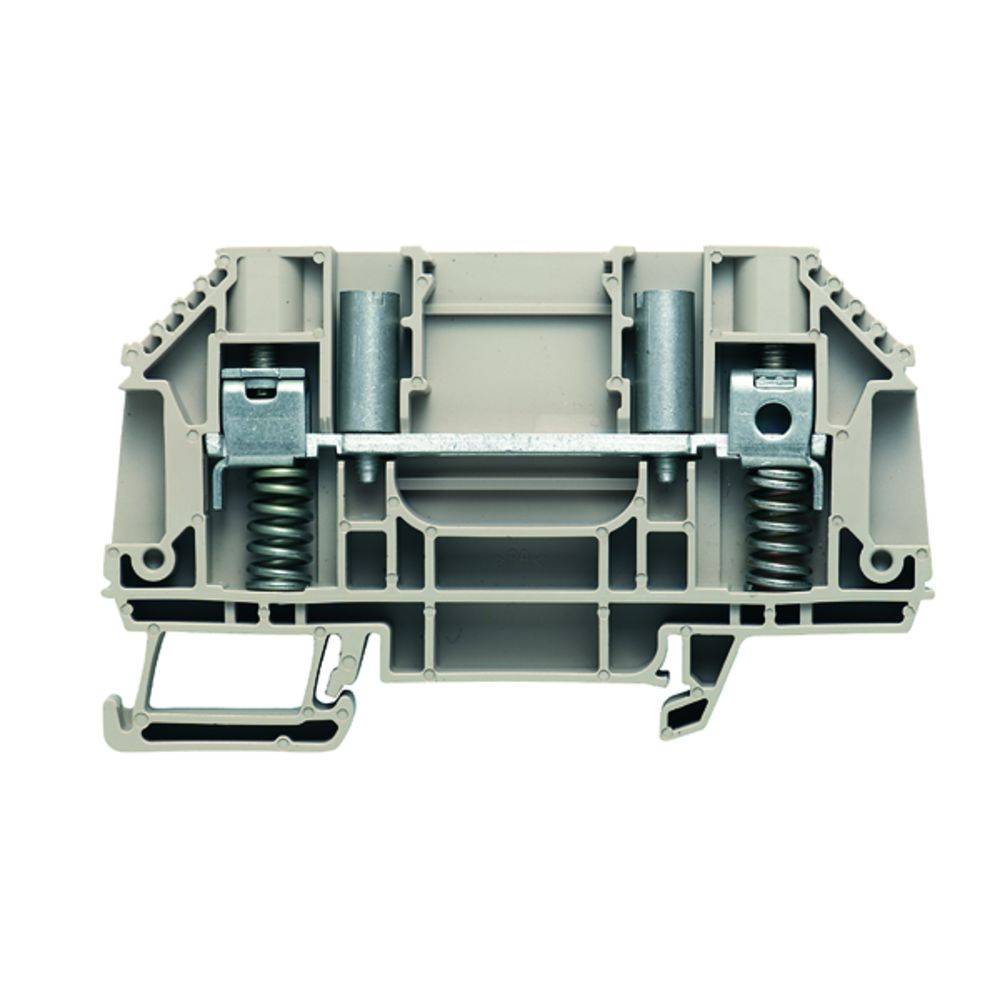 Grau-orange Klemme mit Federmechanismus und Kontakten, geeignet für elektrische Verbindungen in Verteilerkästen.