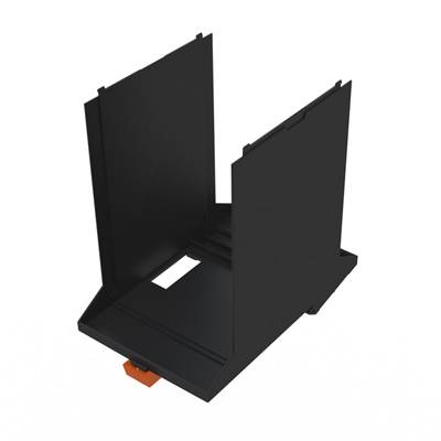 Ein schwarzer, rechteckiger Halter mit einem orangefarbenen Schieber am Boden, steht aufrecht. Zweck unklar.