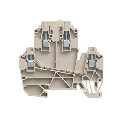 Ein grauer Elektroklemmblock mit zwei Verbindungspunkten, jeweils mit Schraubmechanismus. Oben ein gelber Sicherheitsverschluss.