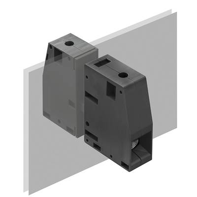 Zwei schwarze Kunststoffkomponenten sind mit einer gläsernen Trennwand verbunden. Die Bauteile haben identische rechteckige Formen.