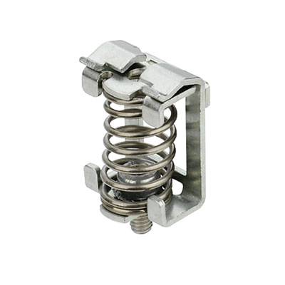 Eine Metallklammer mit integrierter Spiralfeder, die in mechanischen oder elektrischen Anwendungen zur Befestigung verwendet wird.