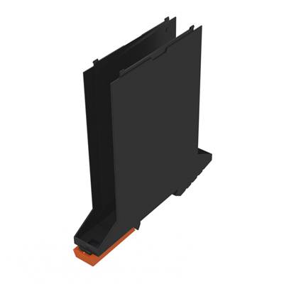Ein schwarzes, vertikal stehendes Kunststoffgehäuse mit orangefarbenem Sockel, wahrscheinlich für elektronische Anwendungen.