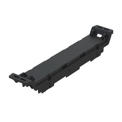 Schwarzer, rechteckiger Kunststoffhalterung, möglicherweise für mechanische oder industrielle Anwendungen.