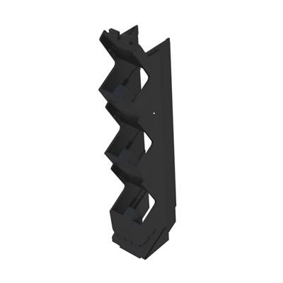 Schwarzes, geometrisches Bauteil mit Zickzack-Muster, vertikal ausgerichtet.