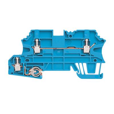 Ein blauer elektrischer Trennklemmenblock mit Schraubverbindungen und einer Trennvorrichtung, verwendet für elektrische Installationen.