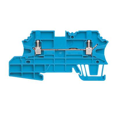 Ein blauer elektrischer Verbindungsklemmeblock mit Schraubbefestigungen, verwendet zum sicheren Verbinden von elektrischen Leitern.