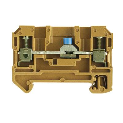 Ein brauner elektrischer Klemmblock zur Verbindung von Kabeln. Oben sind zwei Schraubklemmen sichtbar, die Drahtverbindungen sichern.
