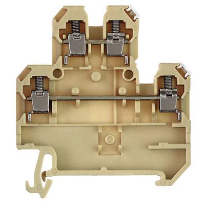 Beige Kunststoff-Klemmblock mit Metalleinsätzen und Schraubverbindungen. Wird in elektrischen Installationen zur Kabelverbindung genutzt.