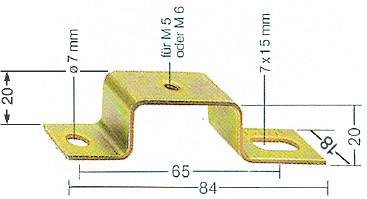 Metallwinkel mit Abmessungen: Breite 84 mm, Höhe 20 mm, Lochabstände 65 mm. Geeignet für M5 oder M6 Schrauben, Lochgröße 7x15 mm.