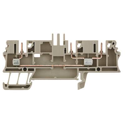 Querschnitt einer beige-farbenen elektrischen Klemme mit sichtbaren Kupferleitern. Komplexe Struktur für verbindungstechnische Anwendungen.