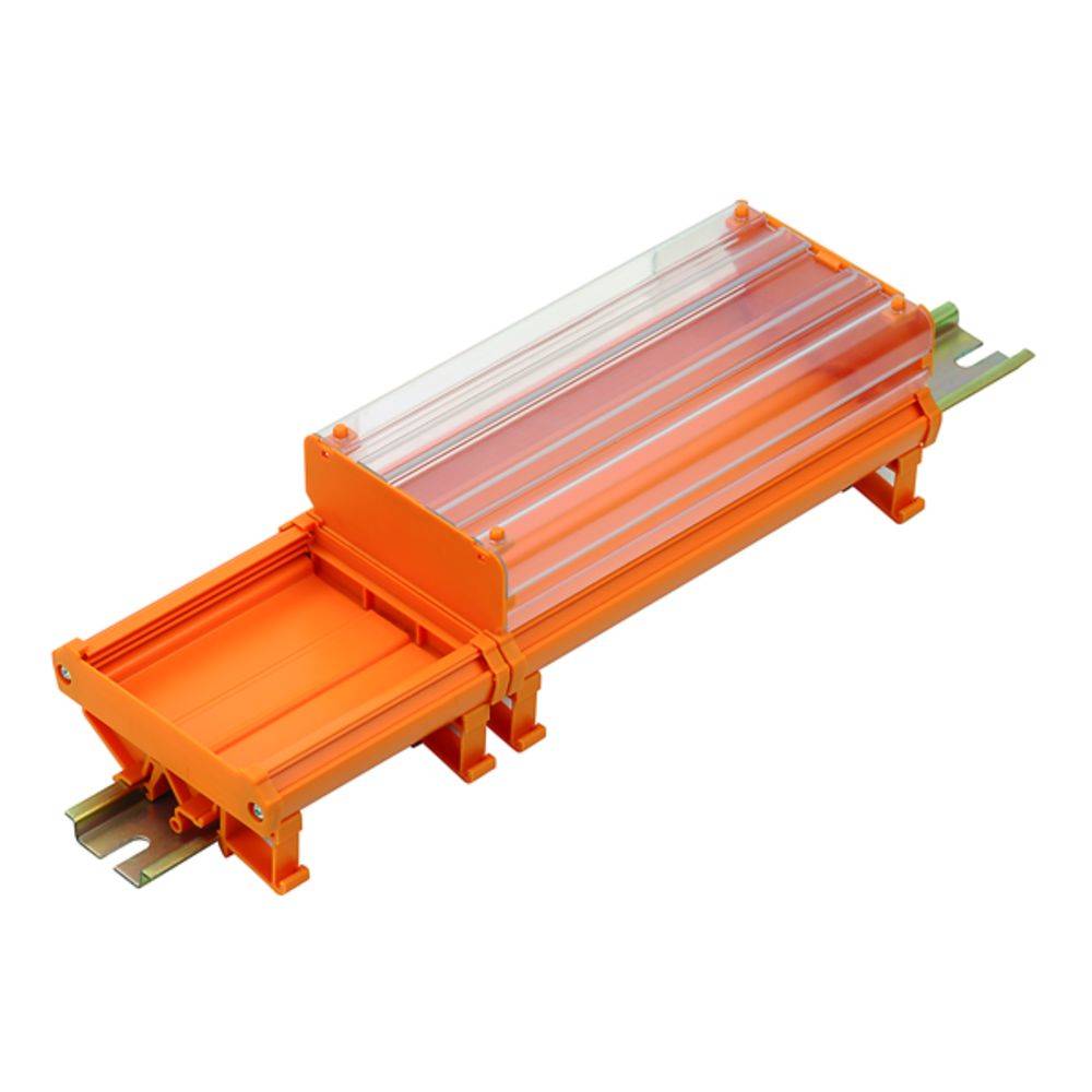 Ein orangefarbenes elektrisches Bauteil mit durchsichtiger Abdeckung, für die Montage auf einer Metallschiene, möglicherweise ein Kanal für Kabel.