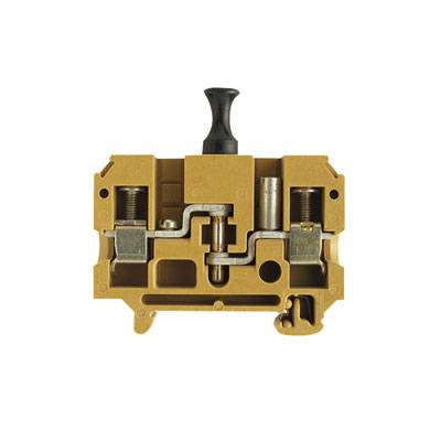 Querschnitt eines elektrischen Klemmenblocks. Zwei Metallklemmen sind durch eine Brücke verbunden, schwarzer Hebel oben.