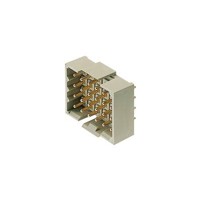 Ein rechteckiger elektrischer Steckverbinder mit mehreren goldenen Stiften zur Verbindung von elektronischen Geräten.