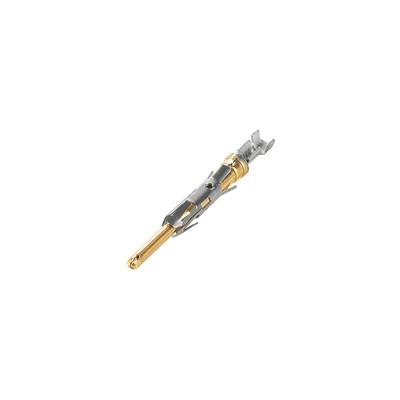 Ein goldfarbener elektrischer Steckkontakt mit schmalem Metallgehäuse, geeignet für präzise Steckverbindungen in elektronischen Geräten.
