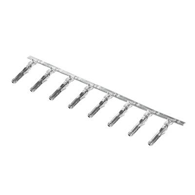 Eine Metallleiste mit acht gleichmäßig beabstandeten Clips oder Klemmen, die in einer geraden Linie angeordnet sind.