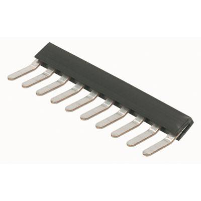 Elektronisches Bauteil mit 10 herausragenden Metallstiften, vermutlich ein Widerstandsnetzwerk. Rechteckige Form, schwarze Basis.