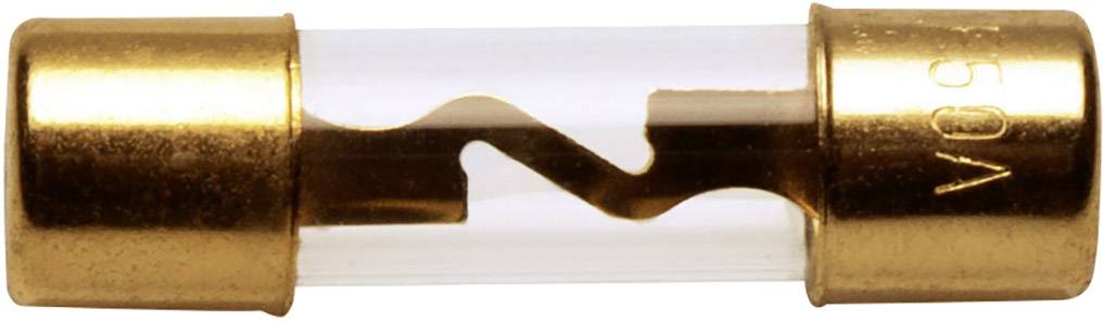 Eine Glasrohrsicherung mit Messingkappen an beiden Enden, in der Mitte ein geschwungener Metalldraht.