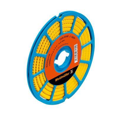 Eine blaue Spule mit gelbem Kabel zur Kennzeichnung, Marke Weidmüller, mit der Beschriftung 'Gelb/Schwarz', Drahtdurchmesser 2-3 mm.