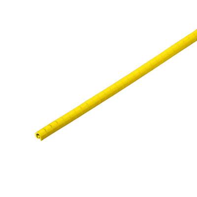 Gelber Bleistift, auf weißem Hintergrund liegend, mit radierbarem Ende.