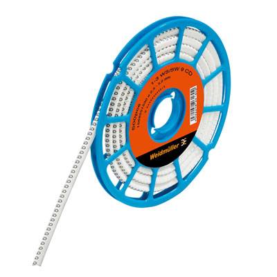 Eine blaue Spule mit weißen, nummerierten Markierungsschildern von Weidmüller, genutzt zur Kabelkennzeichnung in der Elektrotechnik.