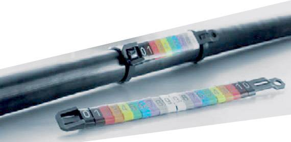 Ein Kabel mit farbigen Zahlenetiketten zur Identifikation, befestigt mit einem schwarzen Kabelbinder.