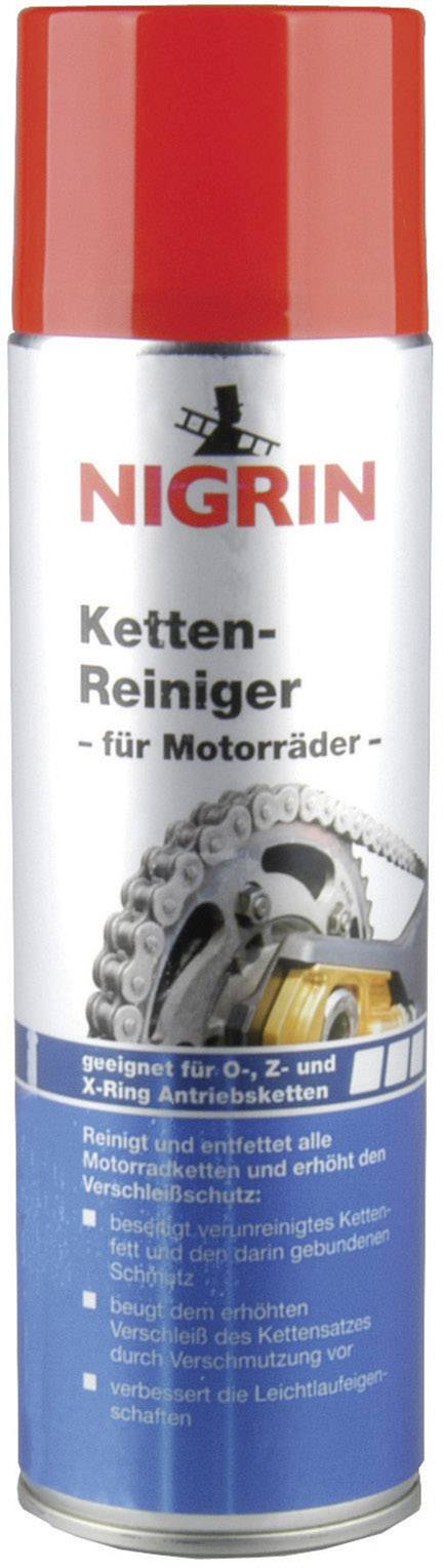 Spraydose mit Ketten-Reiniger für Motorräder. Geeignet für O-, X- und Z-Ring Antriebsketten. Bild eines sauberen Kettenglieds auf dem Etikett.