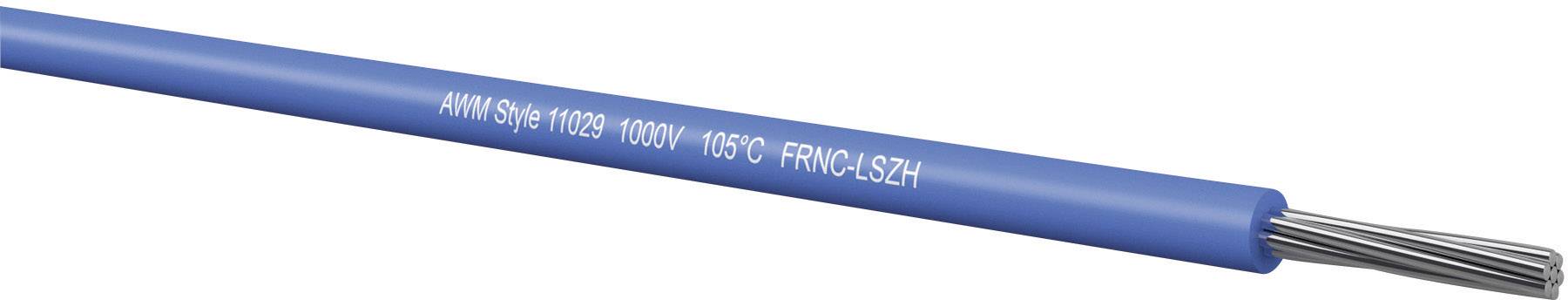 Blaues, isoliertes Elektrokabel mit sichtbarem silbernem Drahtende. Aufschrift: 'AWM Style 11030 1000V 105°C FRNC/LSZH'.