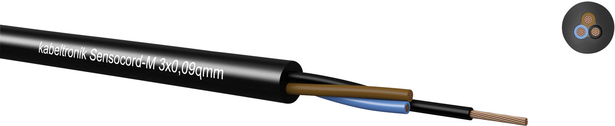 Schwarzes Kabel mit Aufschrift 'Kabelwerk Sensocord-J 3x0,09qmm', zwei sichtbare Drähte in Braun und Blau, ein kleiner Kupferkern.