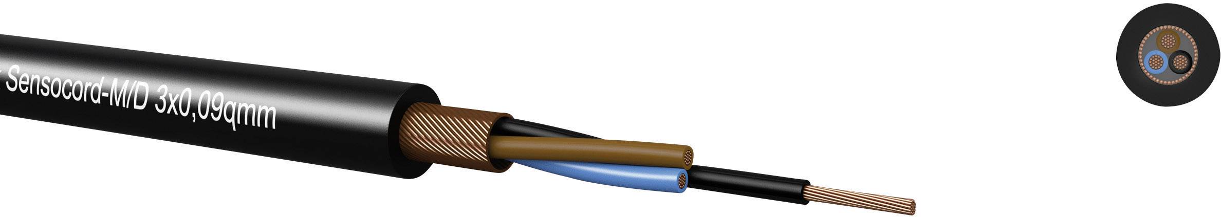 Ein schwarzes Koaxialkabel mit der Beschriftung 'Sensoric-UNO 3x0,09qmm', bestehend aus drei Drähten: blau, braun und kupferfarben.
