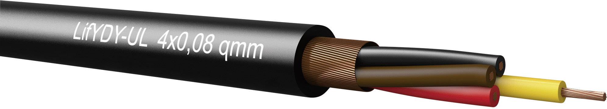 Ein schwarzes Kabel mit der Aufschrift 'LINDY-UL 4x0,08 qmm', zeigt vier innenliegende, unterschiedlich farbige Drähte.