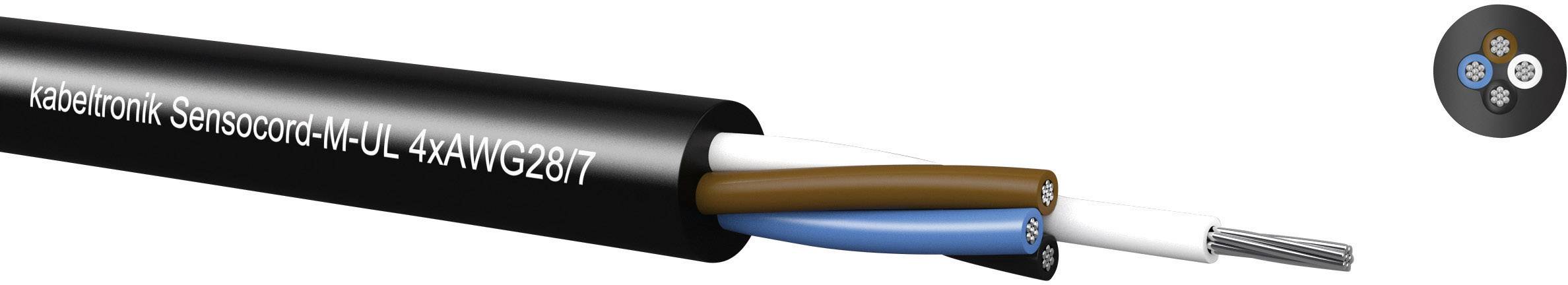 Schwarzes Kabel mit drei farbigen Adern (braun, blau, grau) und Beschriftung 'Kabeltronik Sensocord-M UL 4xAWG26/7'.