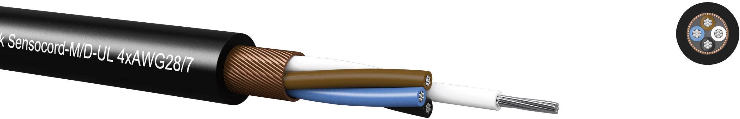 Mehradriges Kabel mit schwarzer Ummantelung, sichtbarem Innenaufbau aus drei farbigen Leitungen (braun, blau, grau) und Drahtabschirmung.