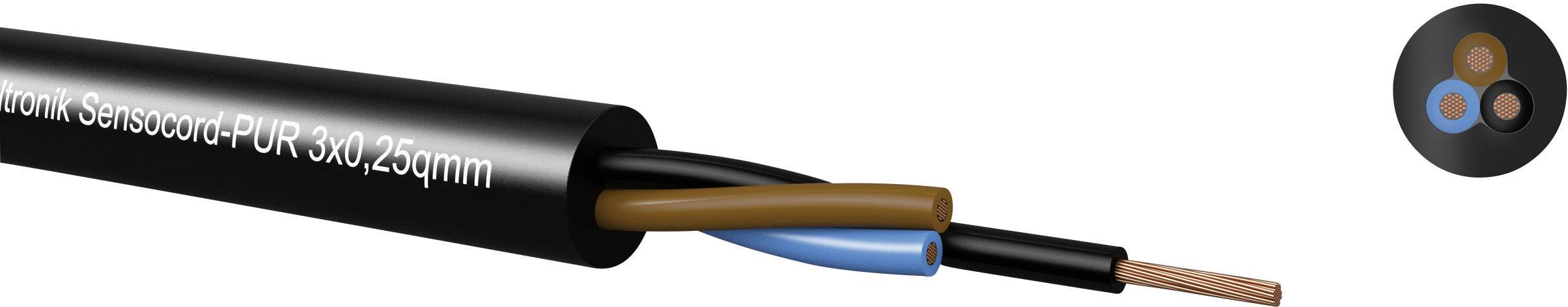 Kabel mit schwarzem Isoliermantel, Aufschrift 'Sensocord-PUR 3x0,25mm', drei Innenleiter: braun, blau, schwarz. Querschnittansicht rechts.