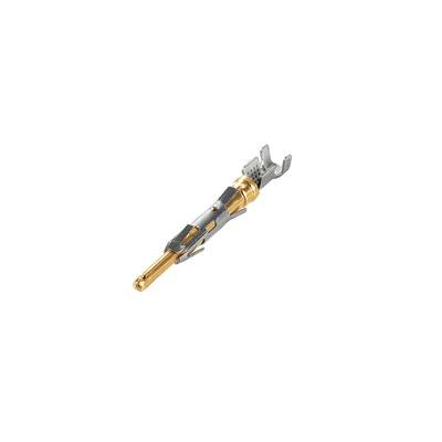 Ein einzelner elektronischer Kontakt, es handelt sich um einen Präzisionsstecker mit goldener Spitze, geeignet für technische Anwendungen.
