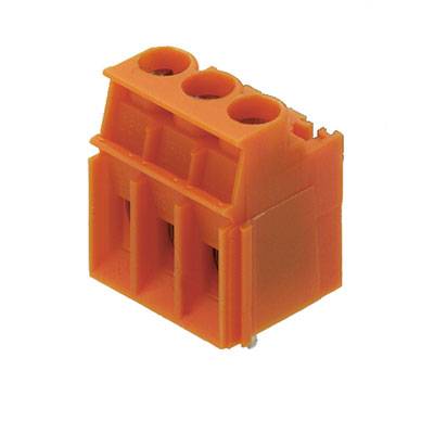 Ein orangefarbener dreipoliger Steckverbinder für elektronische Schaltungen, zeigt drei kreisförmige Öffnungen zur Drahtaufnahme.