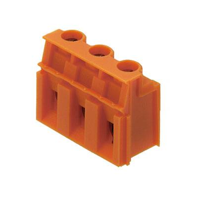 Ein orangefarbener Kunststoffanschluss mit drei Öffnungen, geeignet zum Verbinden von elektrischen Leitungen.