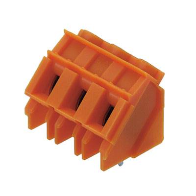 Orange Steckverbinder mit drei Anschlussklemmen für elektrische Anwendungen.