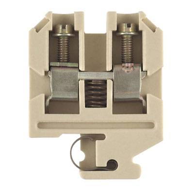 Ein beiger elektrischer Reihenklemmenblock mit Schraubverbindungen und Metallkontakten, verwendet in elektrischen Schaltschränken.