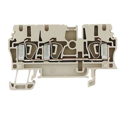 Ein elektrischer Reihenklemmenblock in beige mit metallischen Kontakten, verwendet zur sicheren Verbindung von Kabeln in Schaltschränken.