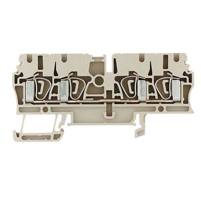 Ein graues Klemmblockmodul mit mehreren Anschlussklemmen mit Metalldetails, vor einem weißen Hintergrund. Hauptsächlich verwendet in Elektroschaltungen.