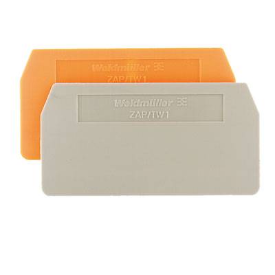 Zwei Kunststoff-Profilschilder, vorne grau, hinten orange. Aufschrift: 'Weidmüller ZAP/TW1'. Die Schilder dienen zur Beschriftung.