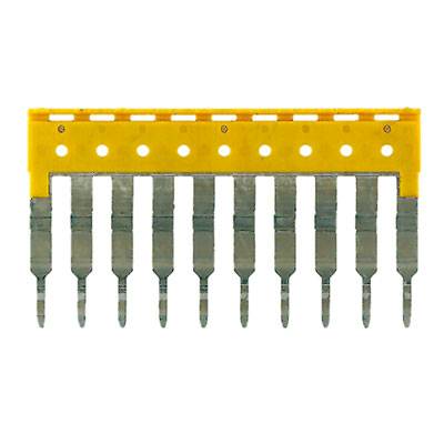 Ein gelber Stromschienen-Segmentabschnitt mit zehn einführbaren Klemmen, die zum Verteilen des Stroms in einem elektrischen Schaltschrank verwendet werden.