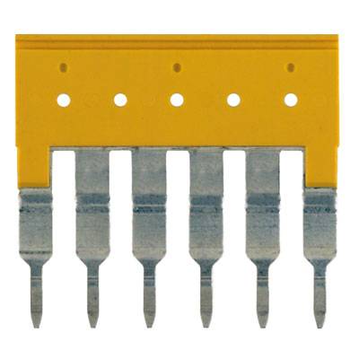 Gelber Sicherungsblock mit sechs Metallstiften, die nach unten zeigen. Used in electrical circuits for protection and stability.